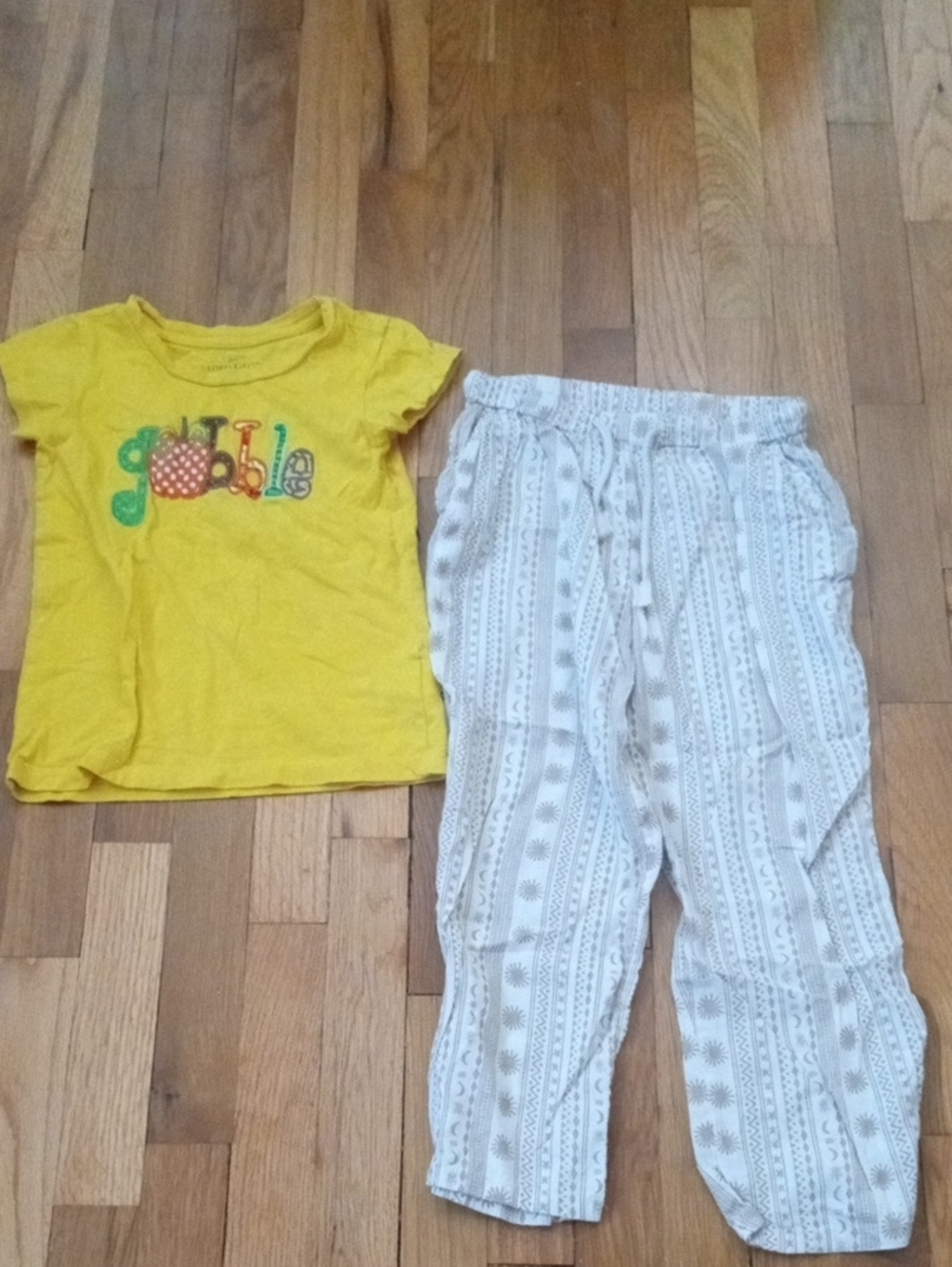 Kids Yellow 'GobbIe' Graphic tee with cream tan print loose fit pants 6